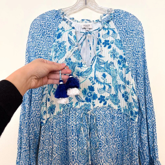 Hemant & Nandita Blue Metallic Striped Floral Tassle Bohemian Mini Dress Medium - Picture 6 of 11